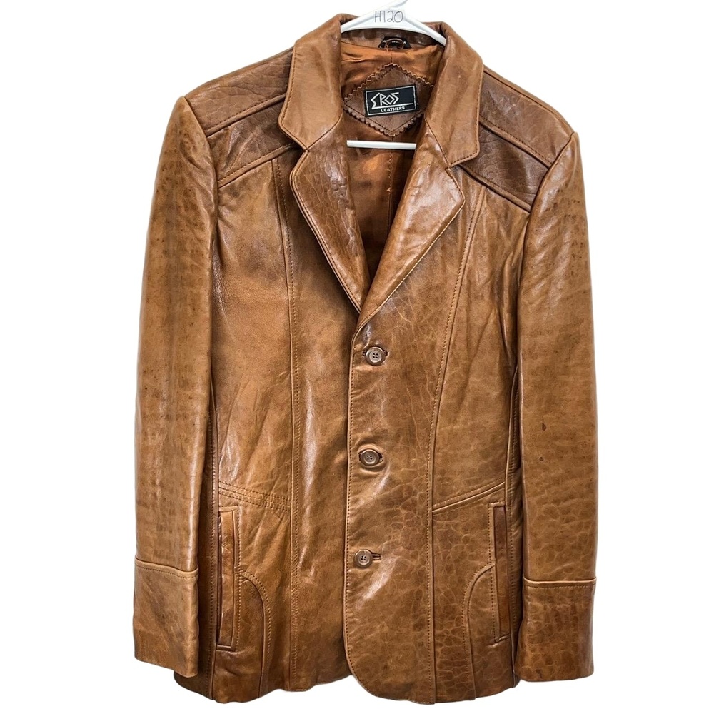 Vintage Eros Leathers Men's Cognac Brown Leather‎ Lined Blazer Jacket Size 38